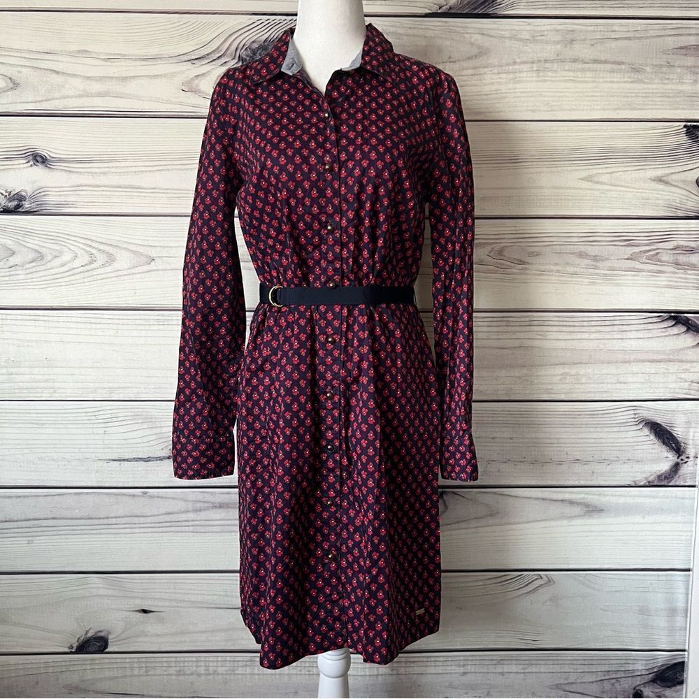 Tommy Hilfiger Navy & Red Floral Poppy Patterned Button Down Belted Shirt Dress